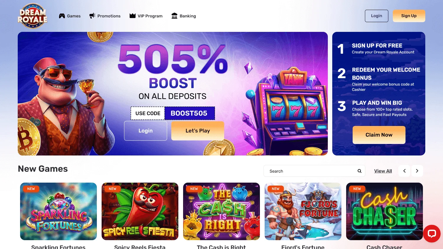 Dream Royale Casino desktop home screen with the welcome offer