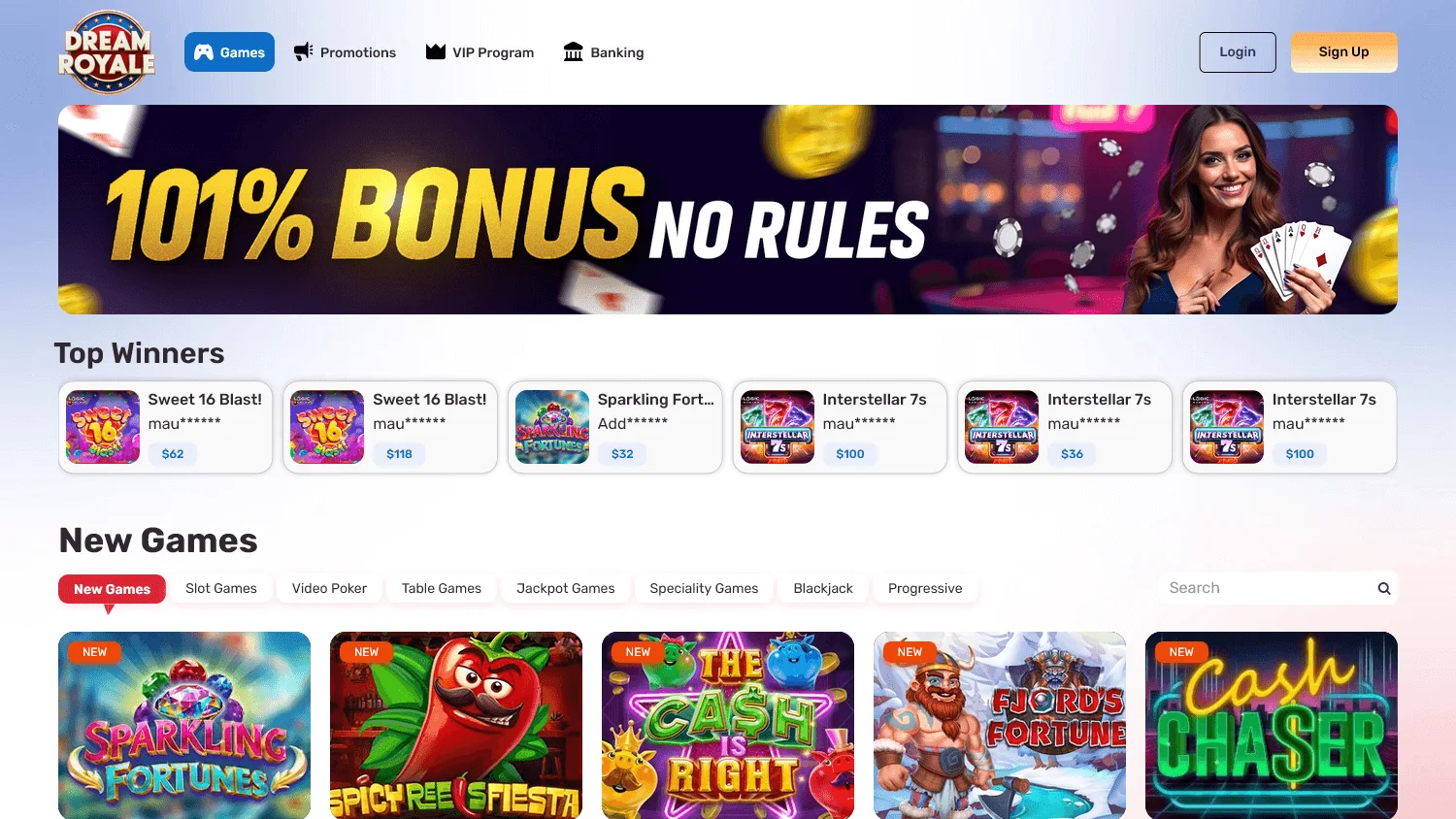 Dream Royale Casino desktop games area with digital casino titles