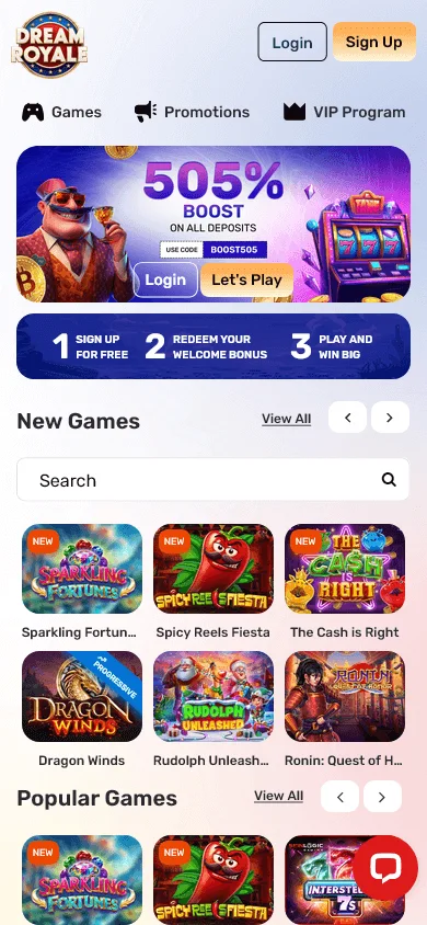 Dream Royale Casino home screen on a mobile browser