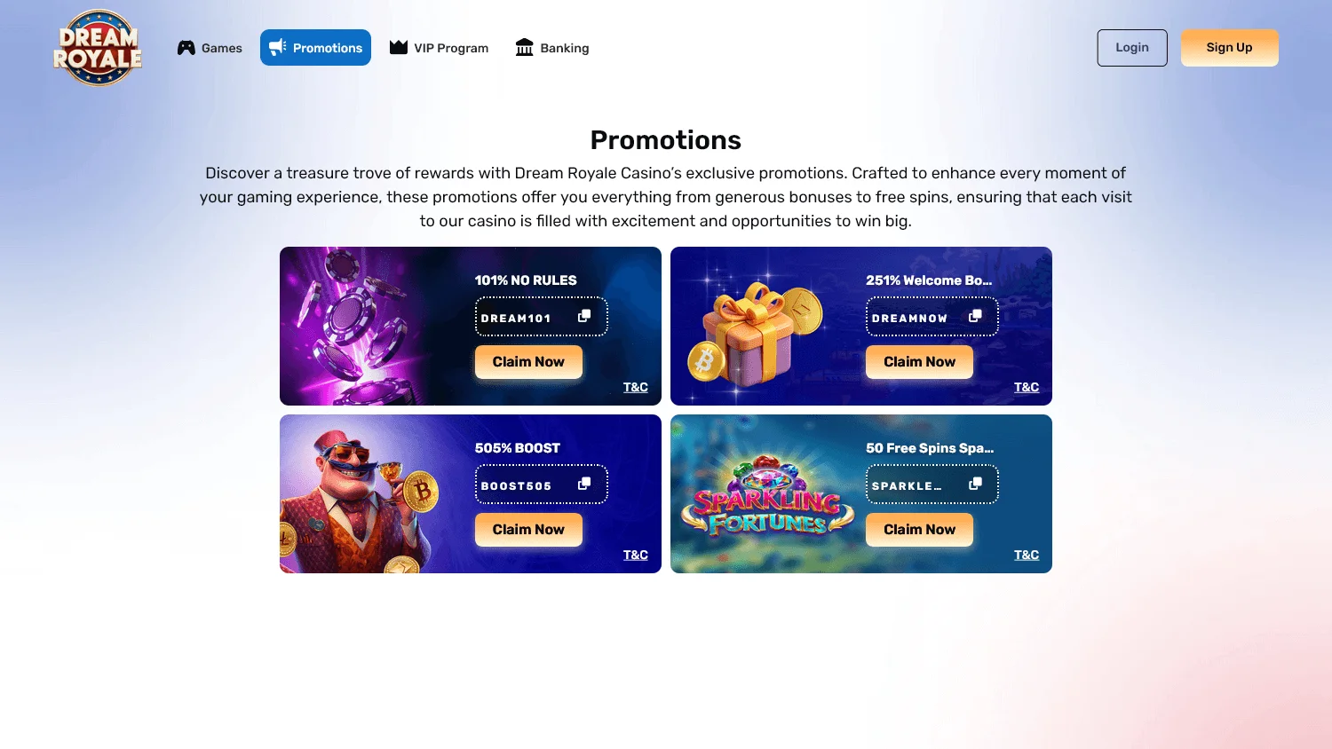 Dream Royale Casino desktop promotions area with bonus offers