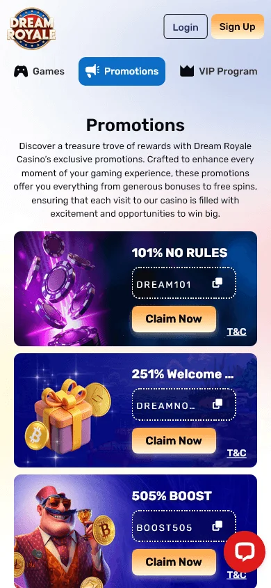 Dream Royale Casino promotions area on a mobile browser