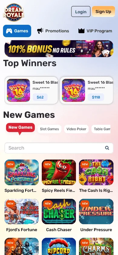 Dream Royale Casino digital games area on a mobile browser